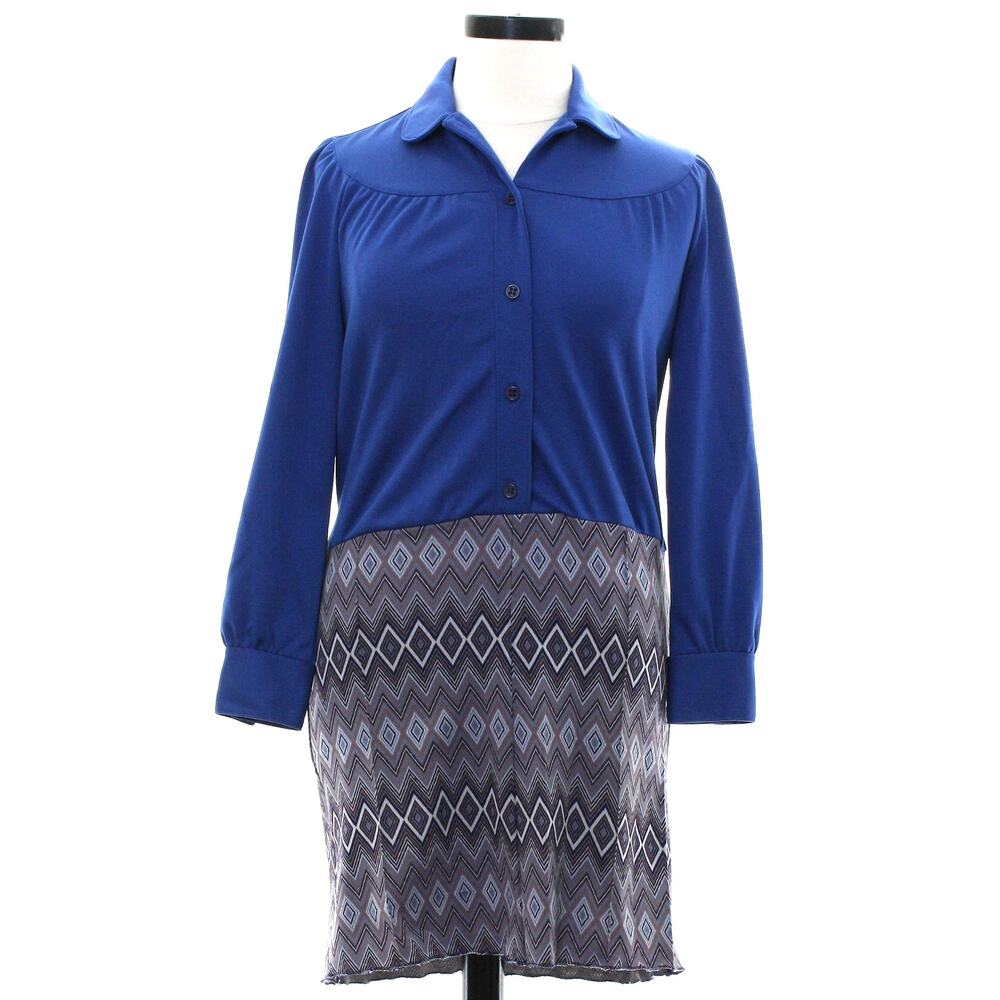 Vintage 70s Blue Geometric Shirt Dress Belted Polyester Knit Midi Dress